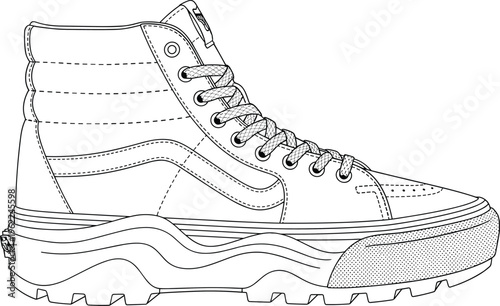 High top sneaker platform boot technical line drawing, fashion footwear outline vector illustration, chunky sole shoe cad sketch, isolated.