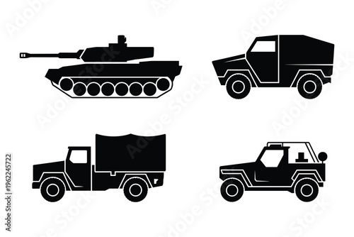 Military Vehicles Silhouette Set: Tank Truck and Off-Road Jeeps in Flat Design