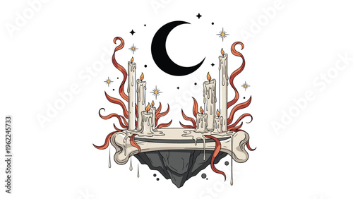 Spooky mystical scene with melting white candles on a bone platform under a crescent moon with red tentacles and sparkling stars.