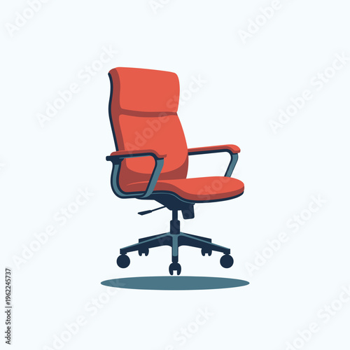 A modern office chair with red upholstery and black metal frame on a white background