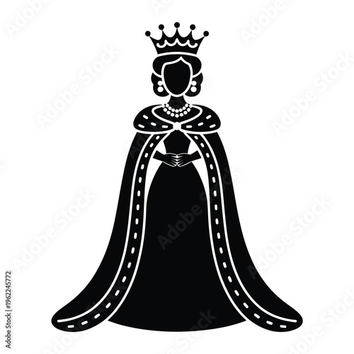 A stylized black silhouette of a queen with a crown and regal attire