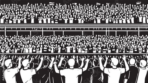 A high contrast black and white illustration of a large crowd cheering at a live stadium event