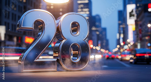 3D metallic 2028 number on futuristic city street at dusk with motion blur