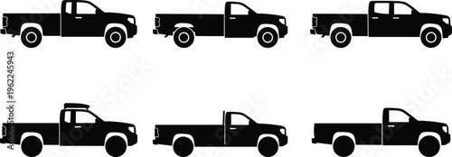 Black silhouettes of various pickup truck models, including single and double cab versions, isolated on white background, transport, automotive, vector.
