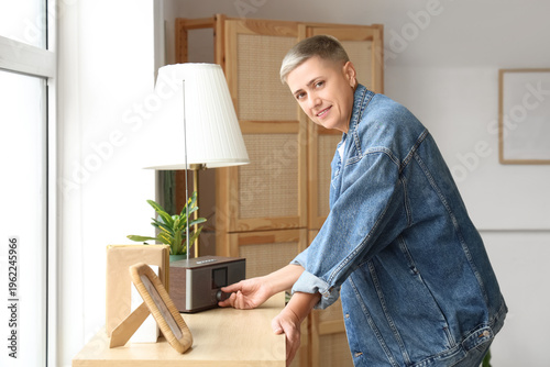 Young woman with short hair...