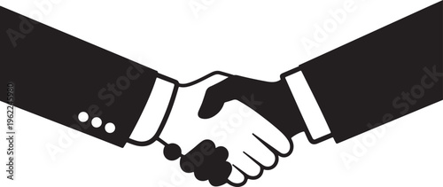 Business handshake, partnership agreement, corporate deal, black and white vector icon