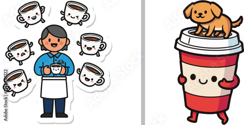 Whimsical vector art featuring a smiling barista surrounded by floating, happy coffee cups and a cute cartoon dog sitting atop a giant, walking takeaway coffee mug.