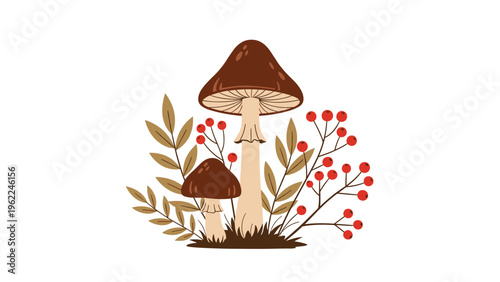 Charming autumn illustration of two brown mushrooms nestled among fall leaves and vibrant red berry branches in the forest.