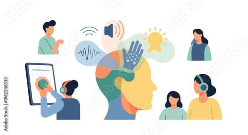 Human Senses and Perception Concept. Cognitive Processing of Information: Sight, Sound, Touch, and Idea. Illustrating Learning, Awareness, and Communication.