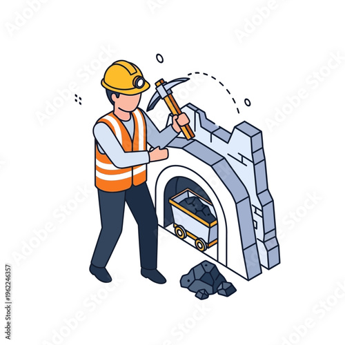Miner working in a mine, extracting coal with a pickaxe in a mine cart in an industrial setting