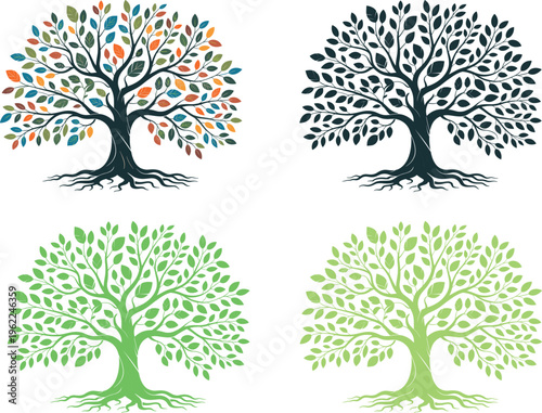 Four stylized trees with different colored leaves and trunks in a symmetrical arrangement autumn green