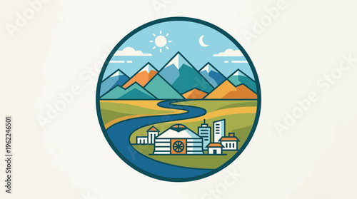 Mongolian Landscape Scenic Circle Badge