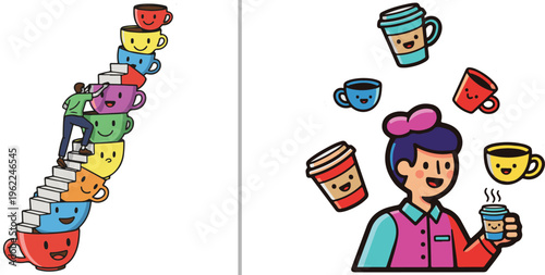 Playful vector art showing a person climbing a staircase of smiling colorful coffee cups, alongside a character juggling happy takeaway mugs. A creative concept for coffee lovers and energy.