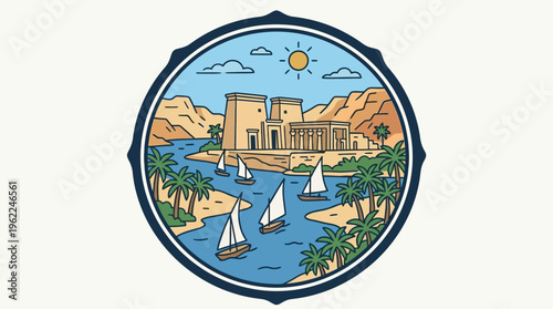 Egyptian Temple and Nile River Scene in a Round Frame
