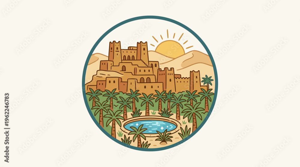 Naklejka premium Desert Oasis Landscape within a Circle