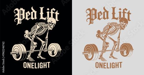Skeleton Weightlifter Performing Deadlift with Barbell Gothic Typography Fitness Concept