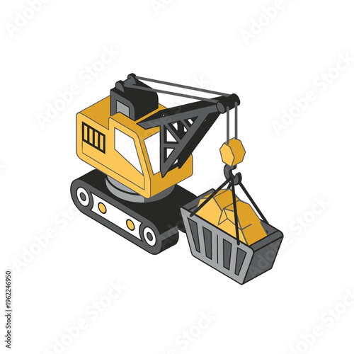 Isometric illustration of an industrial excavator crane lifting a bucket filled with sparkling gold ore, symbolizing efficient mining and valuable resource extraction processes