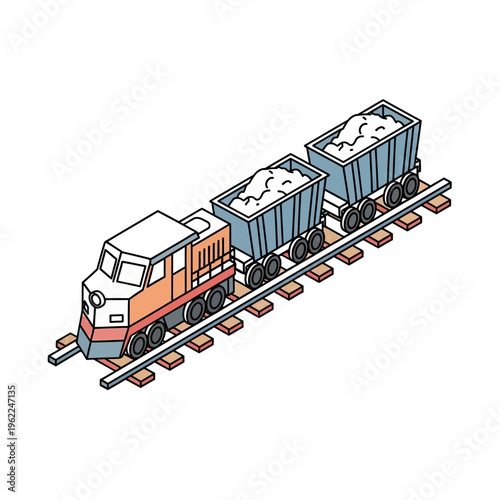 Isometric cartoon illustration of a freight train with open wagons carrying bulk materials on a railway track