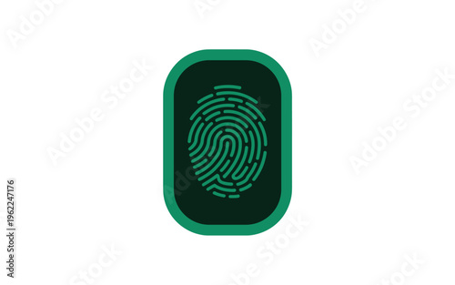 A green fingerprint icon on a dark background, representing biometric identification and security