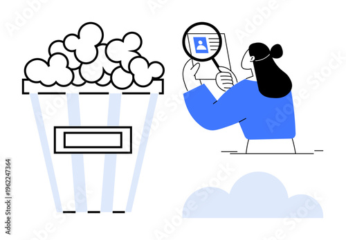 Identity verification. Female character focuses on ID details using magnifier while popcorn and cloud graphics add contrast. Identity verification ensures security and data accuracy