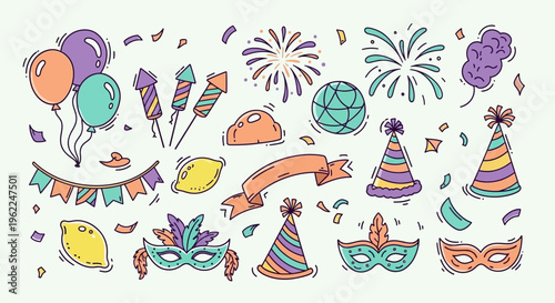 Colorful Hand Drawn Carnival and Party Elements Collection.