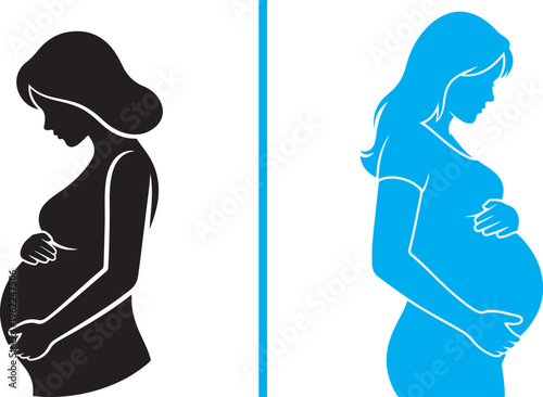 Vector silhouettes of a pregnant woman in a t-shirt holding her belly. Features a solid black version and a bright blue version, representing motherhood, prenatal care, and healthy expectancy.