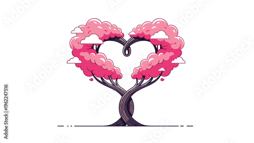 Whimsical pixel art of two pink cherry blossom trees whose trunks intertwine to form a large heart shape with clouds.