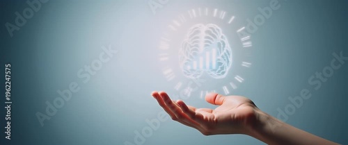 Hand presenting holographic goals symbol representing growth mindset development goals in empty space background concept as A hand showcases holographic goals symbol illustrating growth mindset develo