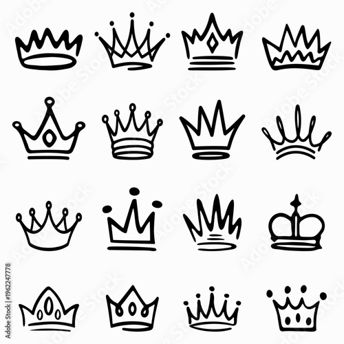 Hand Drawn Crown Icons Set in Black Outline Style