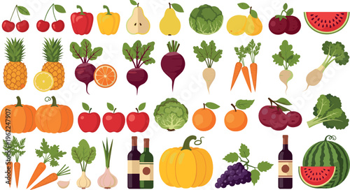 Colorful Collection of Fruits, Vegetables, and Wine Bottles for Healthy Eating, Organic Produce, and Farm-Fresh Designs