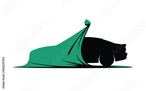 A sleek black car with a green cover being unveiled in a modern design style