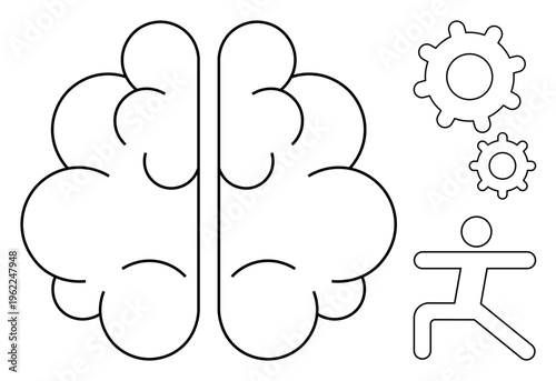 Mental health, physical wellness, brain function, creativity, fitness, thinking process. Abstract brain icon with gears and human figure. Mental health and physical wellness concept