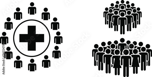 Medical healthcare center icon with people crowd silhouettes cad drawing flat vector illustration for community health population and hospital servicet