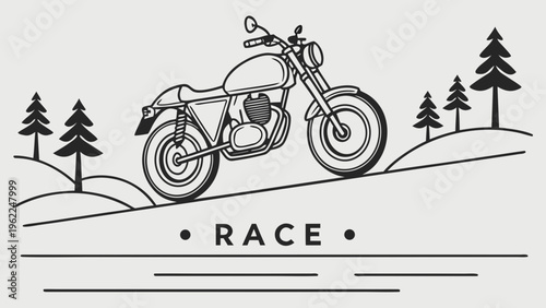 A professional, high-resolution minimalist vector icon of a HEAVYBIKE riding on a road, isolated on a light grey background. The design features a simple black line-art illustration of a heavy bike vi