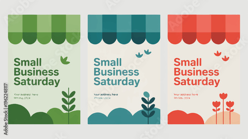 Small business Saturday posters with green and red awnings and plants