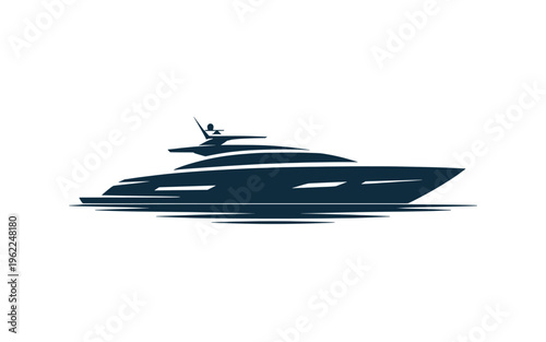 A sleek navy blue yacht silhouette sailing on calm waters in a minimalist vector graphic design