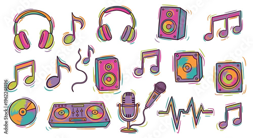 Colorful Hand-Drawn Music Elements Collection - Headphones, Speakers, Microphones, and Musical Notes.