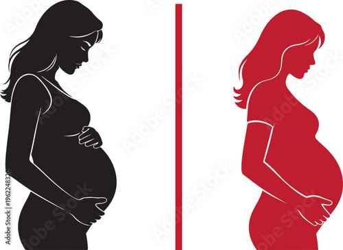 Vector silhouettes of a pregnant woman in a tank top holding her belly. Featuring solid black and vibrant red versions, these profiles illustrate motherhood, prenatal health, and expectation.