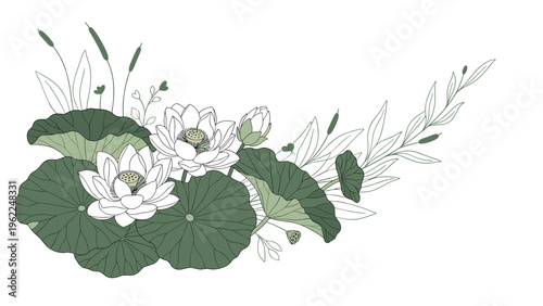 Detailed floral arrangement of white lotus flowers with large green leaves and aquatic reeds and grasses in a pond.