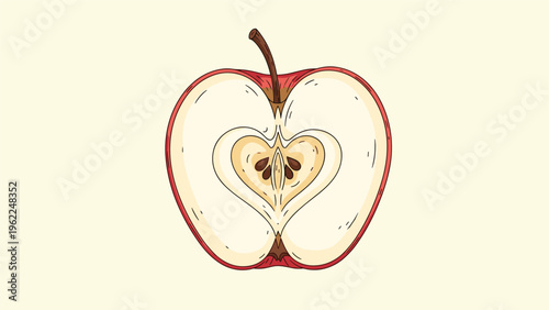 Cross section illustration of a red apple showing the core with seeds and the creamy white interior on cream color.