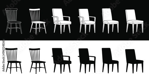 Modern wooden chair furniture icons set with silhouettes and outlines isolated cad drawing flat vector illustration for interior home decor office