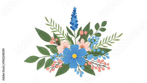 Beautiful colorful floral bouquet featuring a large blue flower surrounded by pink blossoms and clusters of red and blue berries.