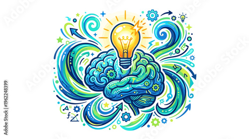 Brain with glowing light bulb idea.