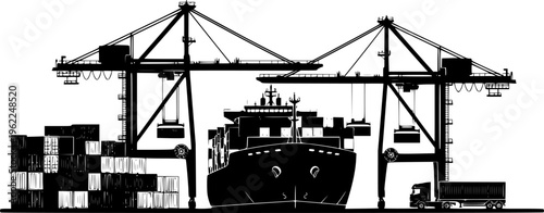 Industrial black silhouette of a busy cargo port terminal with container ships, giant cranes, and logistics transport vector isolated on white.