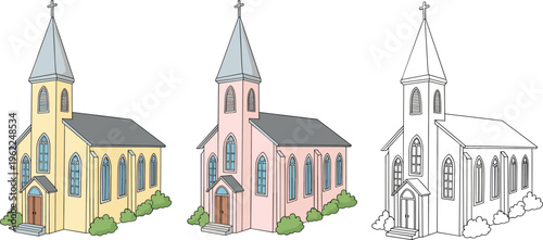 Set of Colorful Church Illustrations in Various Styles for Religious, Architecture, and Historic Building Designs