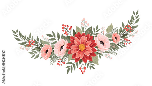Beautiful crescent shaped floral arrangement featuring a large red dahlia surrounded by pink anemones and delicate green leaves.