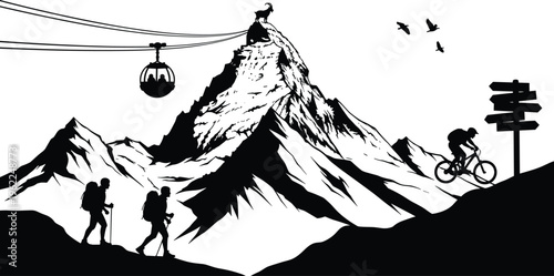 Mountain adventure landscape with hikers, cable car and cyclist silhouette, outdoor travel concept illustration, minimal black and white vector design