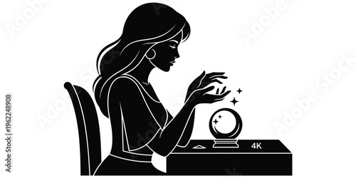 Fortune teller crystal ball silhouette illustration, mystical prediction design, magical insight artwork, spiritual divination vector, flat illustration