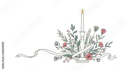 Elegant white candle in a holder surrounded by a delicate arrangement of pink flowers, green leaves, and a flowing ribbon.