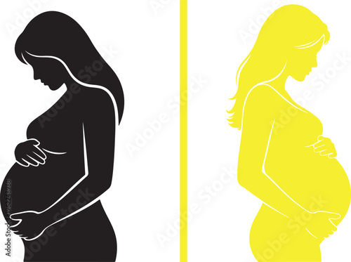 Vector silhouettes of a pregnant woman with long hair holding her belly. Includes a solid black profile and a bright yellow version, symbolizing motherhood, prenatal health, and new beginnings.